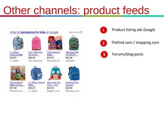 Other channels: product feeds
Product listing ads Google
Thefind.com / shopping.com
Forums/blog posts

21.3.11

 