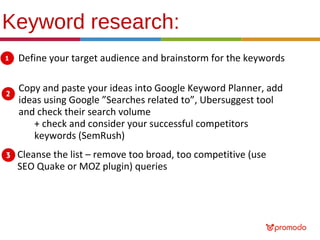Keyword research:
Define your target audience and brainstorm for the keywords
Copy and paste your ideas into Google Keyword Planner, add
ideas using Google ”Searches related to”, Ubersuggest tool
and check their search volume
+ check and consider your successful competitors
keywords (SemRush)
Cleanse the list – remove too broad, too competitive (use
SEO Quake or MOZ plugin) queries

 