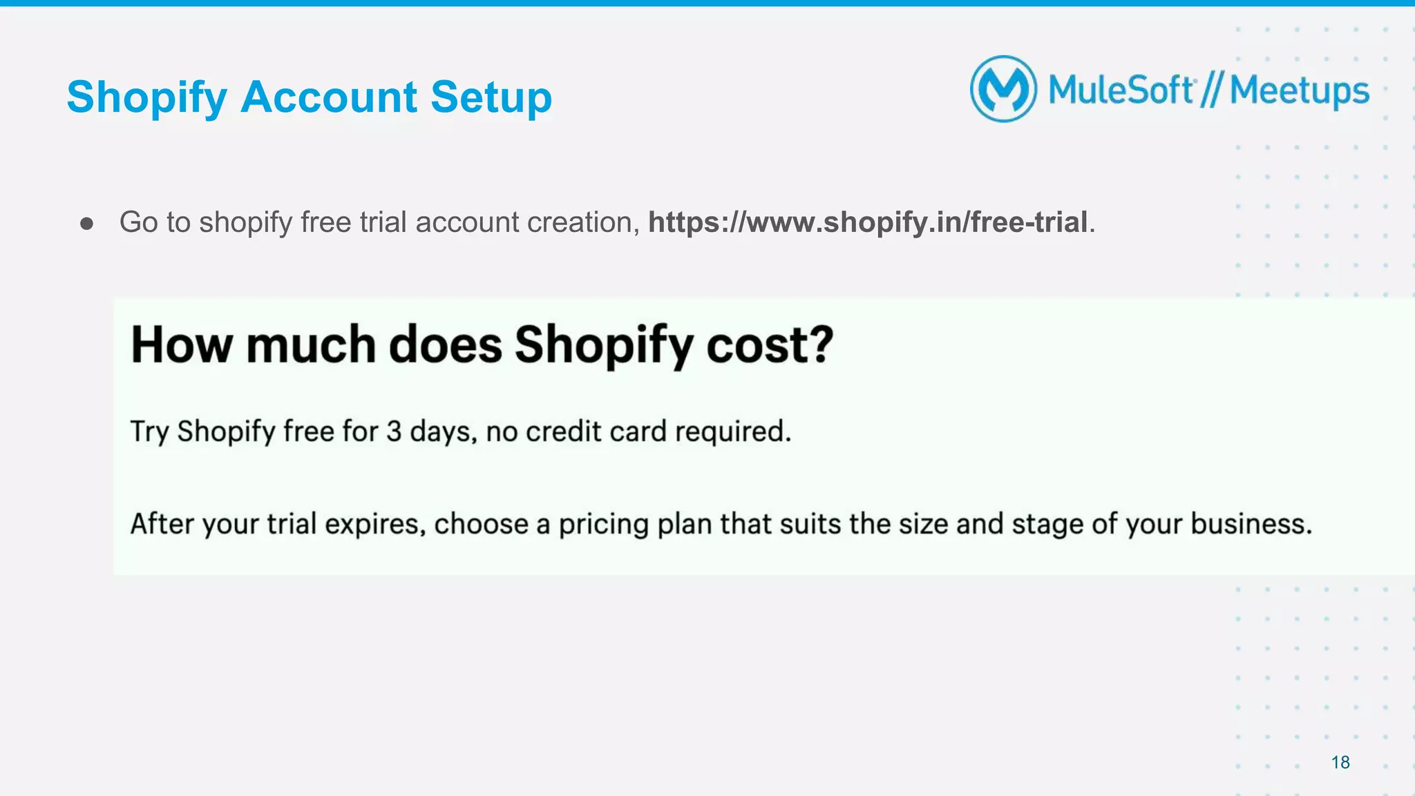 Shopify Account Setup
● Go to shopify free trial account creation, https://www.shopify.in/free-trial.
18
 