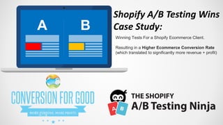 A B
Shopify A/B Testing Wins
Case Study:
Winning Tests For a Shopify Ecommerce Client.
Resulting in a Higher Ecommerce Conversion Rate
(which translated to significantly more revenue + profit)
 
