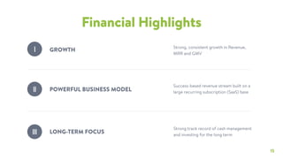 15
Financial Highlights
LONG-TERM FOCUSIII
Strong, consistent growth in Revenue,
MRR and GMV
Success-based revenue stream built on a
large recurring subscription (SaaS) base
Strong track record of cash management
and investing for the long term
GROWTHI
POWERFUL BUSINESS MODELII
 