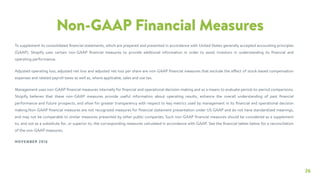 26
Non-GAAP Financial Measures
To supplement its consolidated ﬁnancial statements, which are prepared and presented in accordance with United States generally accepted accounting principles
(GAAP), Shopify uses certain non-GAAP ﬁnancial measures to provide additional information in order to assist investors in understanding its ﬁnancial and
operating performance.
Adjusted operating loss, adjusted net loss and adjusted net loss per share are non-GAAP ﬁnancial measures that exclude the effect of stock-based compensation
expenses and related payroll taxes as well as, where applicable, sales and use tax.
Management uses non-GAAP ﬁnancial measures internally for ﬁnancial and operational decision-making and as a means to evaluate period-to-period comparisons.
Shopify believes that these non-GAAP measures provide useful information about operating results, enhance the overall understanding of past ﬁnancial
performance and future prospects, and allow for greater transparency with respect to key metrics used by management in its ﬁnancial and operational decision
making.Non-GAAP ﬁnancial measures are not recognized measures for ﬁnancial statement presentation under US GAAP and do not have standardized meanings,
and may not be comparable to similar measures presented by other public companies. Such non-GAAP ﬁnancial measures should be considered as a supplement
to, and not as a substitute for, or superior to, the corresponding measures calculated in accordance with GAAP. See the ﬁnancial tables below for a reconciliation
of the non-GAAP measures.
NOVEMBER 2016
 