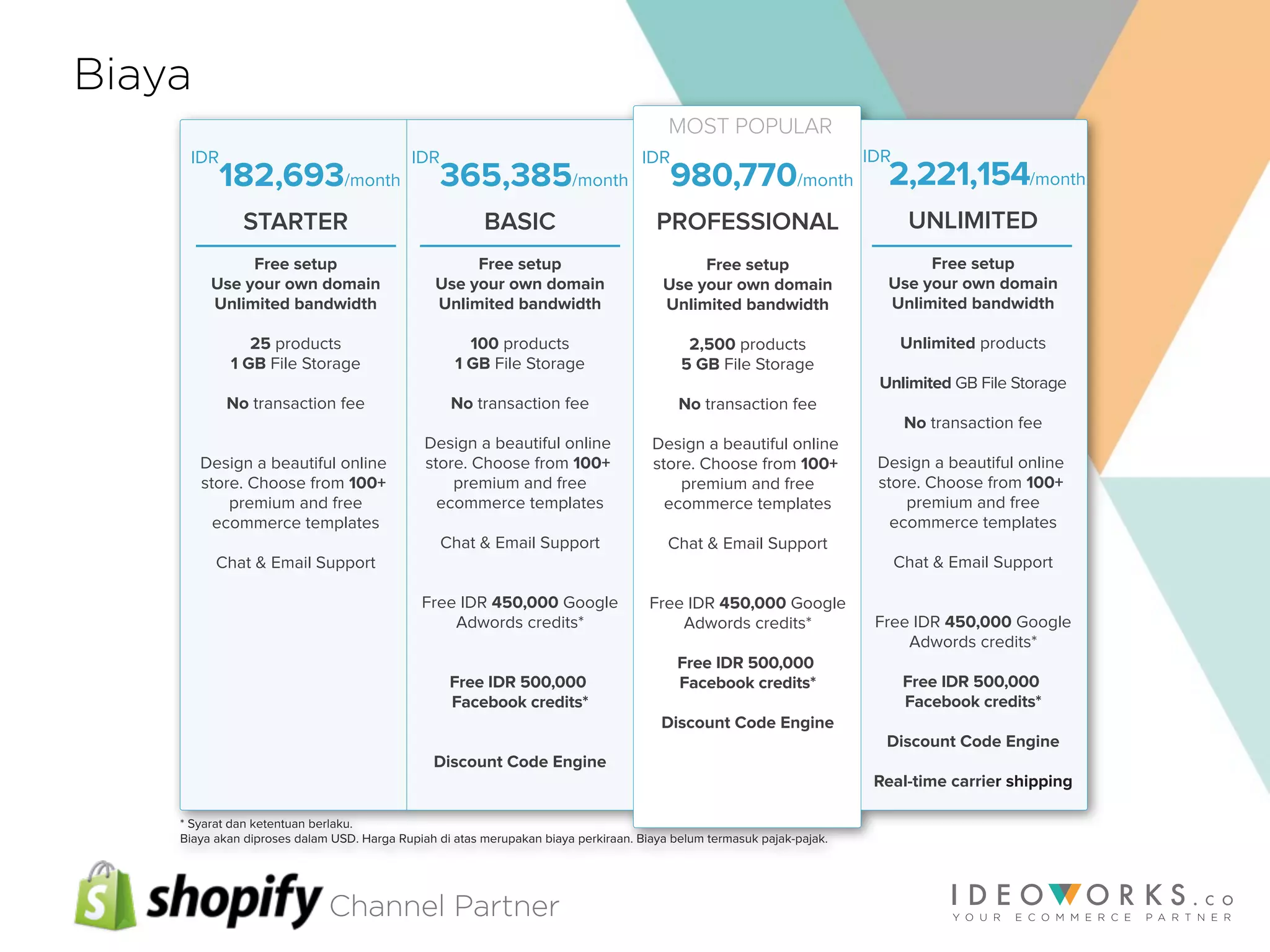 Channel Partner
Biaya
IDR
182,693/month
STARTER
Free setup
Use your own domain
Unlimited bandwidth
25 products
1 GB File Storage
No transaction fee
Design a beautiful online
store. Choose from 100+
premium and free
ecommerce templates
Chat & Email Support
IDR
365,385/month
BASIC
Free setup
Use your own domain
Unlimited bandwidth
100 products
1 GB File Storage
No transaction fee
Design a beautiful online
store. Choose from 100+
premium and free
ecommerce templates
Chat & Email Support
Free IDR 450,000 Google
Adwords credits*
Free IDR 500,000
Facebook credits*
Discount Code Engine
IDR
2,221,154/month
UNLIMITED
Free setup
Use your own domain
Unlimited bandwidth
Unlimited products
Unlimited GB File Storage
No transaction fee
Design a beautiful online
store. Choose from 100+
premium and free
ecommerce templates
Chat & Email Support
Free IDR 450,000 Google
Adwords credits*
Free IDR 500,000
Facebook credits*
Discount Code Engine
Real-time carrier shipping
IDR
980,770/month
PROFESSIONAL
Free setup
Use your own domain
Unlimited bandwidth
2,500 products
5 GB File Storage
No transaction fee
Design a beautiful online
store. Choose from 100+
premium and free
ecommerce templates
Chat & Email Support
Free IDR 450,000 Google
Adwords credits*
Free IDR 500,000
Facebook credits*
Discount Code Engine
MOST POPULAR
* Syarat dan ketentuan berlaku.
Biaya akan diproses dalam USD. Harga Rupiah di atas merupakan biaya perkiraan. Biaya belum termasuk pajak-pajak.
 