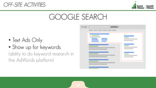 GOOGLE SEARCH
• Text Ads Only
• Show up for keywords
(ability to do keyword research in
the AdWords platform)
OFF-SITE ACTIVITIES
 