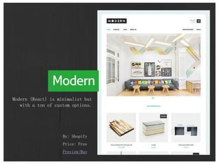 By: Shopify
Price: Free
Preview/Buy
Modern (React) is minimalist but
with a ton of custom options.
 