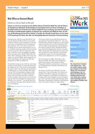 Shopleiter-Magazin · · · Ausgabe 8                                                                                                          Seite 7 / 8




Web-Office on Demand (Wood)
Software as a Service (SaaS) von Microsoft
Software as a Service ist inzwischen ein sehr beliebtes Software-Distributions-Modell. Hier steht die Software
als Dienstleistung im Mittelpunkt. Die Bereitstellung von Anwendungen basiert auf Internet-Technologien. Im
Normalfall erwerben Sie mit dem Kauf einer Software lediglich die Lizenz zur Nutzung. Zum Einsatz der Software
wird häufig ein Installationspaket angeboten. Im Gegensatz dazu verfolgt das SaaS-Modell den Ansatz, die Soft-       Quellen/Linktipps:
ware als Dienstleistung bei einem Service-Anbieter zu betreiben. Der Anwender braucht hierzu nur eine minima-
le EDV-Ausstattung (Thin-Client), aber dafür eine leistungsfähige Netzwerk-Infrastruktur & Internetverbindung.       Microsoft Office Web Apps
                                                                                                                     office.microsoft.com
Normalerweise sind Sie es gewohnt für die Nut-            Noch einen Schritt weiter geht Microsoft mit sei-          Windows Live SkyDrive
zung der Microsoft Office (Word, Excel und Po-            nem nächsten Cloud-Dienst Office365 3. Das neue            windowslive.com/skydrive/
werpoint) Software Geld auszugeben. Sie kaufen            Produkt steht in direkter Konkurrenz zu den Google         Microsoft Office 365
eine Lizenz und installieren die Anwendung auf            Apps. Das Online-Tool von Microsoft bietet Soft-           microsoft.com
Ihrem Rechner. Alle 3 bis 4 Jahre erscheint die           ware für eMail, Kommunikation und Zusammenar-
Nachfolgeversion und das Spiel beginnt von vor-           beit mittels Exchange Online, SharePoint Online,           Offiice 365
ne. Ebenfalls schwierig gestaltet sich der Umstieg        Lync Online (Kommunikation) und der vertrauten             office365.microsoft.com
auf einen neuen PC oder ein zusätzliches Note-            Office Professional Plus Desktopsuite. Voraussicht-        Google Business Apps
book, wofür Sie extra Lizenzgebühren bezahlen.            lich soll Ende 2011 auch Dynamics CRM Online               google.com
Viele Anwender nutzen aktuell Office 2003 oder            eingebunden werden. Für den kostenpflichtigen
Office 2007, allerdings ist Office 2010 schon seit        Dienst ist eine Betriebszeit von 99,9 % garantiert.        Apple iWork
einiger Zeit auf dem Markt. Beim Austausch von                                                                       apple.com
Daten mit Kollegen oder Agenturen führt dies              Für die Nutzung von Office Web Apps ist das
gelegentlich zu Missverständnissen.                       Microsoft Office 2010 Paket nicht erforderlich,            Fazit
                                                          jedoch stehen Ihnen in den einzelnen Office-
Die perfekte Lösung ist eine Software, die immer          Programmen Befehle zum Speichern von Dateien               Die Zukunft der Produkti-
auf dem neuesten Stand ist. Genau das bieten Of-          zur Verfügung für den Upload zu SharePoint und             vität beginnt jetzt. Viele
fice-Pakete aus der Cloud. Positiver Nebeneffekt,         Windows Live.                                              der großen Anbieter drän-
Sie greifen selbst von unterwegs auf die aktuells-                                                                   gen vehement in den Web-
ten Dokumente zu. Microsoft Office Web Apps 1             Als Antwort auf Microsoft Office365 4 und die              Markt. Die Unternehmer
sind seit 2010 in Deutschland verfügbar, damit            Google Docs 5 hat im Dezember 2010 Oracle sein             sind diejenigen, die von
erstellen und bearbeiten Sie Office Dokumente             Produkt Cloud Office vorgestellt. Zum Start des            diesem Trend profitieren.
online, ohne dass Microsoft Office auf Ihrem              Office-Programms wird lediglich ein Webbrowser             Künftig kauft man Soft-
Rechner installiert oder lizensiert ist. Für die Nut-     benötigt, da die Anwendungen in einer Cloud gela-          ware nicht mehr, sondern
zung des Dienstes benötigen Sie lediglich einen           gert sind. Anwender erstellen und bearbeiten damit         mietet bedarfsgerecht die
Windows-Live-Account 2. Für den privaten Ein-             Dokumente, Spreadsheets (Tabellen) und Präsentati-         notwendigen Produkte und
satz stehen die Nutzung und der Speicher kosten-          onen. Ein weiteres Angebot ist Apple iWork 6.              Dienste.
los zur Verfügung.                                                                            Angeli Wolfgang / aw




Abb. 1: Excel-Bearbeitung mit Microsoft Office Web Apps
 