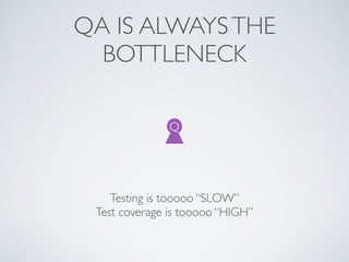 QA IS ALWAYSTHE
BOTTLENECK
Q
Testing is tooooo “SLOW”
Test coverage is tooooo “HIGH”
 