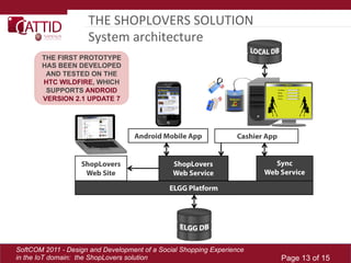 THE	
  SHOPLOVERS	
  SOLUTION	
  	
  
                     System	
  architecture	
  
       THE FIRST PROTOTYPE
       HAS BEEN DEVELOPED
        AND TESTED ON THE
       HTC WILDFIRE, WHICH
        SUPPORTS ANDROID
       VERSION 2.1 UPDATE 7




SoftCOM 2011 - Design and Development of a Social Shopping Experience
in the IoT domain: the ShopLovers solution                              Page 13 of 15
 