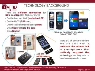 TECHNOLOGY	
  BACKGROUND	
  
 There are different alternatives for
 SE’s position (Cfr. Mobey Forum):
 - On the handset itself (embedded SE)
 - On the UICC (SIM card)
 - On the Trusted Mobile Base (TMB)
 - On a Secure Micro SD card
 - On a Sticker
                                                       FROM AN EMBEDDED SOLUTION
                                                             TO A HYBRID ONE


                                                             Micro SD or Sticker solutions
                                                             are the best way to
                                                             overcome the current lack
                                                             of smartphones that
                                                             natively support the
                                                             technology, as they can be
                                                             used on any mobile phone.



SoftCOM 2011 - Design and Development of a Social Shopping Experience
in the IoT domain: the ShopLovers solution                                    Page 7 of 15
 