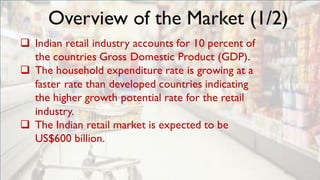 Overview of the Market (1/2)
 Indian retail industry accounts for 10 percent of
the countries Gross Domestic Product (GDP).
 The household expenditure rate is growing at a
faster rate than developed countries indicating
the higher growth potential rate for the retail
industry.
 The Indian retail market is expected to be
US$600 billion.
 