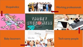 Working professionals
Tech-savvy peopleBaby boomers
Shopaholics
(2/2)
 