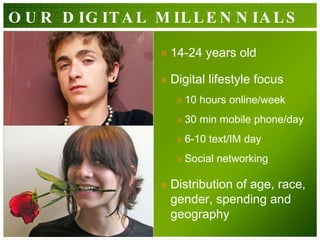 OUR DIGITAL MILLENNIALS 14-24 years old Digital lifestyle focus 10 hours online/week 30 min mobile phone/day 6-10 text/IM day Social networking Distribution of age, race, gender, spending and geography 