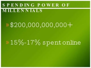 SPENDING POWER OF MILLENNIALS $200,000,000,000+ 15%-17% spent online 