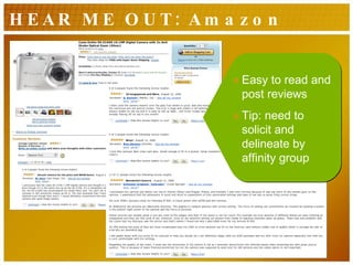 HEAR ME OUT: Amazon Easy to read and post reviews Tip: need to solicit and delineate by affinity group 