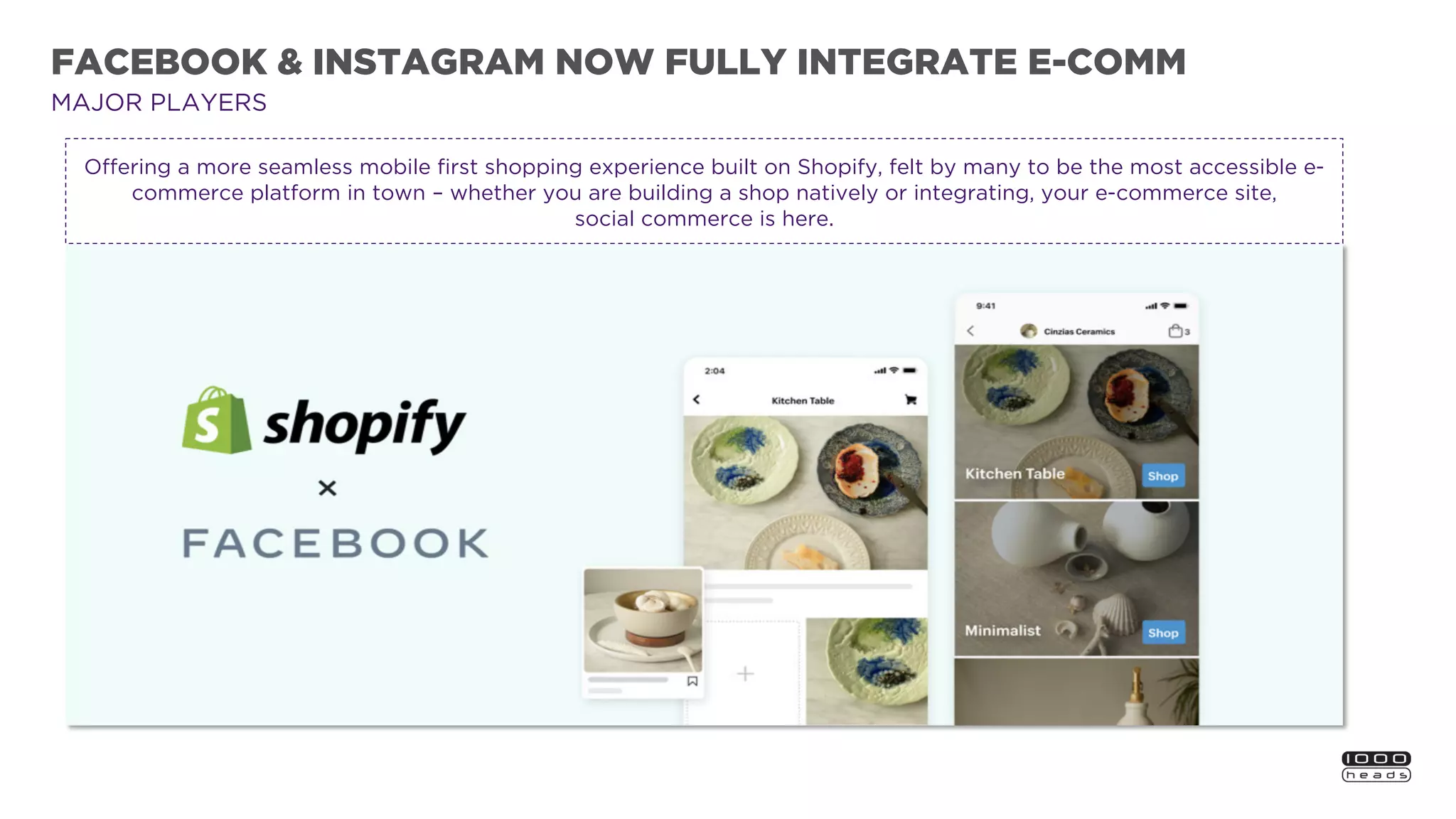 FACEBOOK & INSTAGRAM NOW FULLY INTEGRATE E-COMM
MAJOR PLAYERS
Offering a more seamless mobile first shopping experience built on Shopify, felt by many to be the most accessible e-
commerce platform in town – whether you are building a shop natively or integrating, your e-commerce site,
social commerce is here.
 