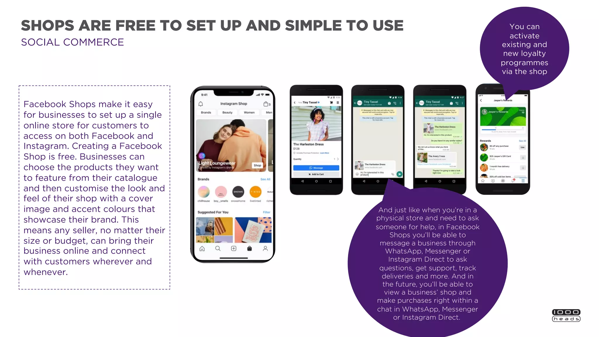 SHOPS ARE FREE TO SET UP AND SIMPLE TO USE
Facebook Shops make it easy
for businesses to set up a single
online store for customers to
access on both Facebook and
Instagram. Creating a Facebook
Shop is free. Businesses can
choose the products they want
to feature from their catalogue
and then customise the look and
feel of their shop with a cover
image and accent colours that
showcase their brand. This
means any seller, no matter their
size or budget, can bring their
business online and connect
with customers wherever and
whenever.
You can
activate
existing and
new loyalty
programmes
via the shop
And just like when you’re in a
physical store and need to ask
someone for help, in Facebook
Shops you’ll be able to
message a business through
WhatsApp, Messenger or
Instagram Direct to ask
questions, get support, track
deliveries and more. And in
the future, you’ll be able to
view a business’ shop and
make purchases right within a
chat in WhatsApp, Messenger
or Instagram Direct.
SOCIAL COMMERCE
 