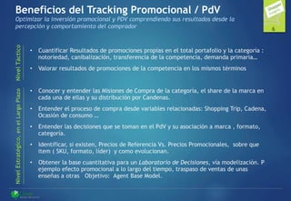 Beneficios del Tracking Promocional / PdV
Optimizar la inversión promocional y PDV comprendiendo sus resultados desde la
percepción y comportamiento del comprador
•  Cuantificar Resultados de promociones propias en el total portafolio y la categoría :
notoriedad, canibalización, transferencia de la competencia, demanda primaria…
•  Valorar resultados de promociones de la competencia en los mismos términos
•  Conocer y entender las Misiones de Compra de la categoría, el share de la marca en
cada una de ellas y su distribución por Candenas.
•  Entender el proceso de compra desde variables relacionadas: Shopping Trip, Cadena,
Ocasión de consumo …
•  Entender las decisiones que se toman en el PdV y su asociación a marca , formato,
categoría.
•  Identificar, si existen, Precios de Referencia Vs. Precios Promocionales, sobre que
item ( SKU, formato, líder) y como evolucionan.
•  Obtener la base cuantitativa para un Laboratorio de Decisiones, vía modelización. P
ejemplo efecto promocional a lo largo del tiempo, traspaso de ventas de unas
enseñas a otras Objetivo: Agent Base Model.
6
NivelTácticoNivelEstratégico,enelLargoPlazo
 