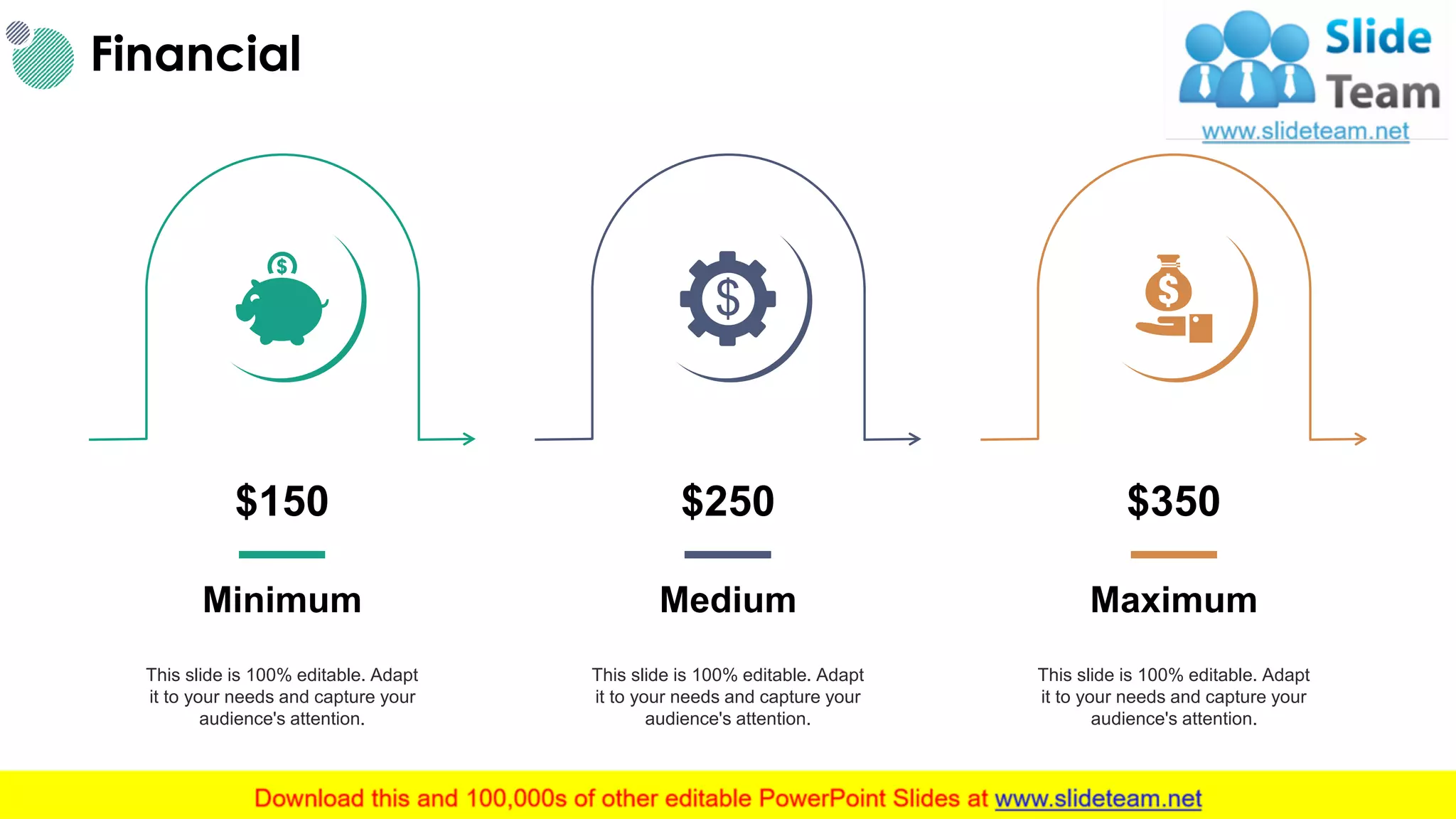 Financial
31
Minimum
This slide is 100% editable. Adapt
it to your needs and capture your
audience's attention.
$150
Medium
This slide is 100% editable. Adapt
it to your needs and capture your
audience's attention.
$250
Maximum
This slide is 100% editable. Adapt
it to your needs and capture your
audience's attention.
$350
 