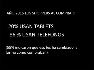 AÑO 2015 LOS SHOPPERS AL COMPRAR:
20% USAN TABLETS
86 % USAN TELÉFONOS
(55% indicaron que eso les ha cambiado la
forma como compraban)
 