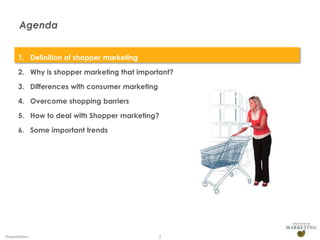 Agenda
1. Definition of shopper marketing
2. Why is shopper marketing that important?

3. Differences with consumer market...