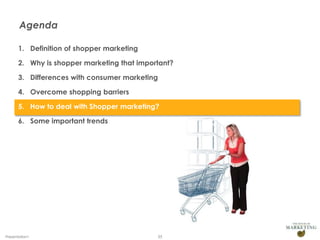 Agenda
1. Definition of shopper marketing
2. Why is shopper marketing that important?
3. Differences with consumer marketi...