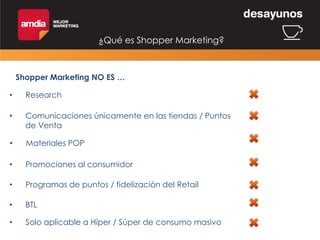 ¿Qué es Shopper Marketing?

Shopper Marketing NO ES …
•

Research

•

Comunicaciones únicamente en las tiendas / Puntos
de Venta

•

Materiales POP

•

Promociones al consumidor

•

Programas de puntos / fidelización del Retail

•

BTL

•

Solo aplicable a Híper / Súper de consumo masivo

 