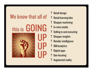 ↑  Retail design
We know that all of   ↑  Retail learning labs
                      ↑  Shopper marketing

 this is   GOIN...