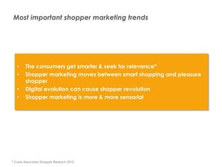 Most important shopper marketing trends




          •     The consumers get smarter & seek for relevance*
          •     Shopper marketing moves between smart shopping and pleasure
                shopper
          •     Digital evolution can cause shopper revolution
          •     Shopper marketing is more & more sensorial




      * Carre Associates Shopper Reseach 2010
Presentation1
 