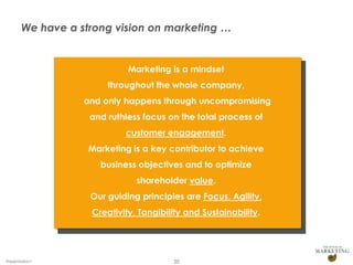 We have a strong vision on marketing …


                            Marketing is a mindset
                       throughout the whole company,
                  and only happens through uncompromising
                   and ruthless focus on the total process of
                           customer engagement.
                   Marketing is a key contributor to achieve
                     business objectives and to optimize
                              shareholder value.
                   Our guiding principles are Focus, Agility,
                   Creativity, Tangibility and Sustainability.




Presentation1                          20
 