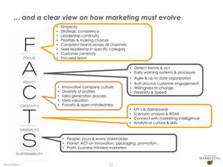 … and a clear view on how marketing must evolve
                   •       Simplicity
                   •       Strategic consistency
                   •       Leadership continuity
                   •       Prioritize & making choices
                   •       Consistent brand across all channels
                   •       Seek leadership in specific category
                   •       Customer centricity
                   •       Focused team

                                                                  • Detect trends & act
                                                                  • Early warning systems & processes
                                                                  •   Agile & up to date organization
                                                                  •   Built around customer engagement
                       •   Innovative company culture             •   Willingness to change
                       •   Diversity of profiles                  •   Flexibility & Speed
                       •   Idea generation process
                       •   Idea valuation
                       •   Porosity & open-mindedness
                                                                  •   KPI’s & dashboards
                                                                  •   Scenario analysis & ROMI
                                                                  •   Connect with marketing intelligence
                                                                  •   Analytical culture & skills



                           • People: yours & every stakeholder
                           • Planet: ACT on innovation, packaging, promotion...
                           • Profit: business-minded marketers



Presentation1                                        21
 
