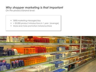 Why shopper marketing is that important
       On the product/brand level:



                • 3000 marketing messages/day
                • > 30.000 product introductions in 1 year (average)
                • More and more promotion instore/outstore




Presentation1                                          3
 