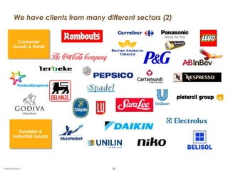 We have clients from many different sectors (2)


        Consumer
       Goods & Retail




          Durables &
       Industrial Goods




Presentation1                       36
 