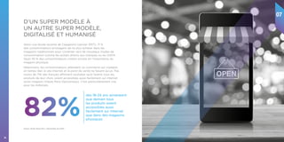 74
D’UN SUPER MODÈLE À
UN AUTRE SUPER MODÈLE,
DIGITALISÉ ET HUMANISÉ
Source : Étude Havas Paris / OpinionWay Avril 2017.
Selon une étude récente de Capgemini (janvier 2017), 71 %
des consommateurs envisagent de ne plus acheter dans les
magasins traditionnels pour s’orienter vers de nouveaux modes de
consommation comme les achats directs aux marques ou les GAFA.
Seuls 45 % des consommateurs croient encore en l’importance du
magasin physique.
Néanmoins, les consommateurs attendent un commerce qui s’adapte
en temps réel, le site internet et le point de vente ne faisant qu’un. Pas
moins de 71% des français affirment souhaiter qu’à l’avenir, tous les
produits de leur choix soient accessibles aussi facilement sur internet
qu’en magasin (Havas Paris Opinionway). C’est particulièrement vrai
pour les millenials.
07
82%
des 18-24 ans aimeraient
que demain tous
les produits soient
accessibles aussi
facilement sur Internet
que dans des magasins
physiques
 