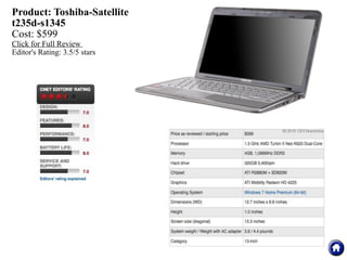 Product: Toshiba-Satellite
t235d-s1345
Cost: $599
Click for Full Review
Editor's Rating: 3.5/5 stars
 