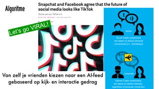 Algoritme
Let’s go VIRAL!
@KIRSTENJASSIES #KICKASSCONTENT
Van zelf je vrienden kiezen naar een AI-feed
gebaseerd op kijk- en interactie gedrag
 