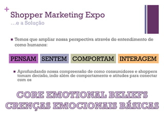 +
Shopper Marketing Expo
…e a Solução
 Temos que ampliar nossa perspectiva através do entendimento de
como humanos:
PENSAM SENTEM COMPORTAM INTERAGEM
 Aprofundando nossa compreensão de como consumidores e shoppers
tomam decisão, indo além de comportamento e atitudes para conectar
com os
 