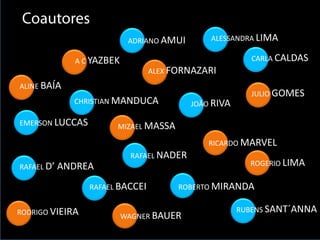 ADRIANO AMUI
A C YAZBEK
ALESSANDRA LIMA
ALEX FORNAZARI
ALINE BAÍA
CARLA CALDAS
CHRISTIAN MANDUCA
EMERSON LUCCAS
JOÃO RIVA
JULIO GOMES
MIZAEL MASSA
RAFAEL D’ ANDREA
RAFAEL NADER
RAFAEL BACCEI
RICARDO MARVEL
ROBERTO MIRANDA
RODRIGO VIEIRA
ROGERIO LIMA
RUBENS SANT´ANNA
WAGNER BAUER
 