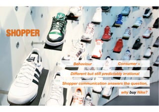 SHOPPER


               Behaviour                   Consumer +

              Different but still predictably irrational

          Shopper communication answers the question,

                                            why buy Nike?
 