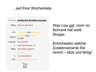 nach Empfehlungen Ausschau halten. und mit einem Klick… Shoppi Tag  Woche  Merken  Vorrat <  2. – 8. Februar 2009  > Mo.  Griechischer Salat Di.  Rosenkohl Auflauf Mi.  Asiatische Rindfleischsuppe Do. Fr. Sa, So. 