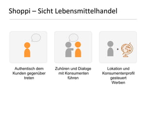 Shoppi – Sicht Lebensmittelhandel Authentisch dem Kunden gegenüber treten Zuhören und Dialoge mit Konsumenten führen Lokation und Konsumentenprofil gesteuert Werben + 
