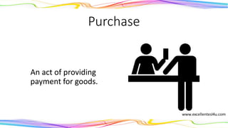 Purchase
An act of providing
payment for goods.
(verb)
 