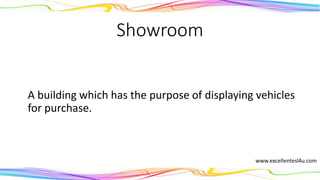 Showroom
A building which has the purpose of displaying vehicles
for purchase.
(noun)
 