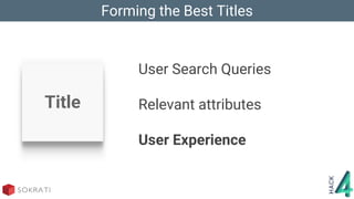 Forming the Best Titles
Title
User Search Queries
Relevant attributes
User Experience
 