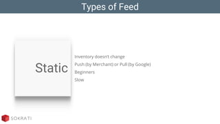 Types of Feed
Static
Inventory doesn’t change
Push (by Merchant) or Pull (by Google)
Beginners
Slow
 