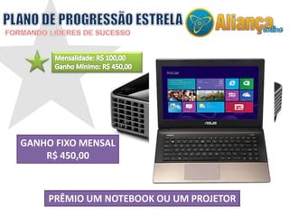 GANHO FIXO MENSAL 
R$ 450,00 
PRÊMIO UM NOTEBOOK OU UM PROJETOR 
 