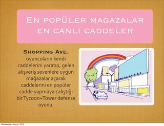En popüler magazalar
                            en canlı caddeler
                      Shopping Ave.
                       oyuncuların	
  kendi	
  
               caddelerini	
  yaratıp,	
  gelen	
  
                alışveriş	
  sevenlere	
  uygun	
  
                       mağazalar	
  açarak	
  
                 caddelerini	
  en	
  popüler	
  
                cadde	
  yapmaya	
  calıştığı	
  
               bir	
  Tycoon+Tower	
  defense	
  
                             oyunu.


Wednesday, June 6, 2012
 