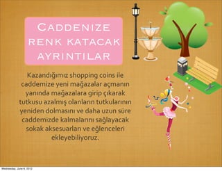 Caddenıze
                   renk katacak
                    ayrıntılar
                Kazandığımız	
  shopping	
  coins	
  ile	
  
              caddemize	
  yeni	
  mağazalar	
  açmanın	
  
               yanında	
  mağazalara	
  girip	
  çıkarak	
  
             tutkusu	
  azalmış	
  olanların	
  tutkularının	
  
             yeniden	
  dolmasını	
  ve	
  daha	
  uzun	
  süre	
  
              caddemizde	
  kalmalarını	
  sağlayacak	
  
               sokak	
  aksesuarları	
  ve	
  eğlenceleri	
  
                          ekleyebiliyoruz.



Wednesday, June 6, 2012
 