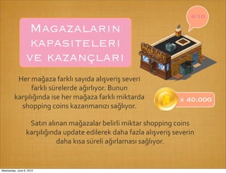 4/10

                   Magazaların
                   kapasıteleri
                  ve kazançları
          Her	
  mağaza	
  farklı	
  sayıda	
  alışveriş	
  severi	
  
                 farklı	
  sürelerde	
  ağırlıyor.	
  Bunun	
  
         karşılığında	
  ise	
  her	
  mağaza	
  farklı	
  miktarda	
                   x 40.000
           shopping	
  coins	
  kazanmanızı	
  sağlıyor.

                  Satın	
  alınan	
  mağazalar	
  belirli	
  miktar	
  shopping	
  coins	
  
                 karşılığında	
  update	
  edilerek	
  daha	
  fazla	
  alışveriş	
  severin	
  
                              daha	
  kısa	
  süreli	
  ağırlaması	
  sağlıyor.


Wednesday, June 6, 2012
 