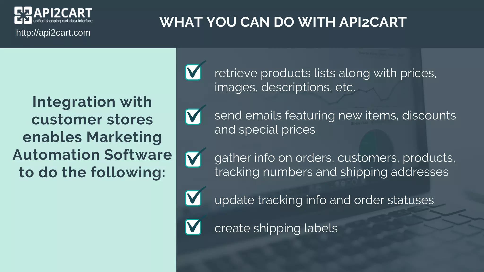 Integration with
customer stores
enables Marketing
Automation Software
to do the following:
http://api2cart.com
WHAT YOU CAN DO WITH API2CART
retrieve products lists along with prices,
images, descriptions, etc.
send emails featuring new items, discounts
and special prices
gather info on orders, customers, products,
tracking numbers and shipping addresses
update tracking info and order statuses
create shipping labels
 
