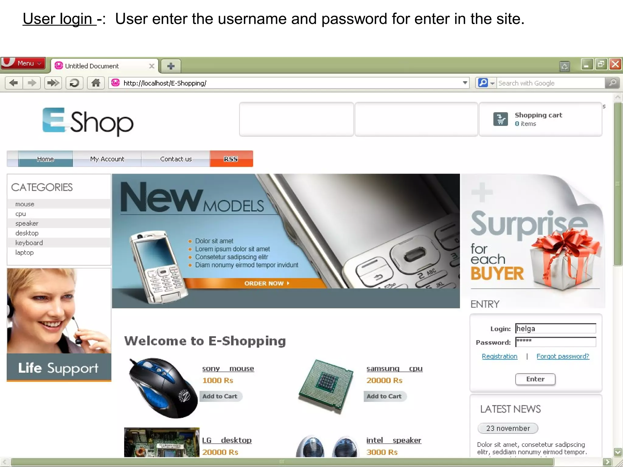 User login -: User enter the username and password for enter in the site.




                                                                            13
 